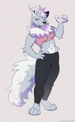  5_fingers anthro antlers avoid_posting breasts canid canine clothed clothing digital_media_(artwork) female fingers fur hair horn mammal murkbone pawpads paws simple_background smile solo standing 