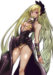  absurdres bad_id bad_pixiv_id bikini black_dress blonde_hair bracer braid breasts dark-skinned_female dark_skin dress female gggg granblue_fantasy helel_ben_shalem highleg highleg_bikini highres jewelry long_braid long_hair looking_at_viewer medium_breasts necklace pacifier purple_eyes simple_background solo swimsuit tattoo thighs white_background yellow_bikini 