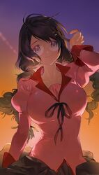  absurdres arm_up bakemonogatari black_hair braid breasts collarbone dotori_(seulseul) female floating_hair glasses hair_ornament hairclip hanekawa_tsubasa highres juliet_sleeves large_breasts long_hair long_sleeves looking_at_viewer monogatari_(series) naoetsu_high_school_uniform pink_shirt puffy_sleeves school_uniform shirt smile solo twin_braids 