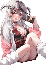  :d absurdres alternate_costume black_choker black_hair breasts cellphone choker cleavage commentary_request female grey_hair hair_ornament hairclip highres holding holding_phone hololive looking_at_viewer medium_breasts multicolored_hair nikahoshikuzu oerba_yun_fang open_clothes open_mouth open_shirt phone red_eyes sakamata_chloe shirt sitting smile socks solo streaked_hair two_side_up virtual_youtuber white_shirt white_socks 