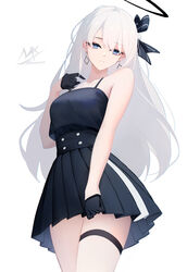  angel_girl_(shimmer) artist_logo artist_name black_bow black_gloves black_skirt blue_eyes bow breasts buttons cowboy_shot double-breasted earrings female flower gloves hairbow halo highres jewelry large_breasts long_hair looking_at_viewer miniskirt original pleated_skirt shimmer skirt solo two-tone_skirt white_flower white_hair white_skirt 