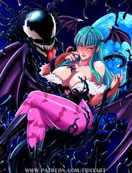  1boy 1girls alien_boy animal_print bat_print bat_wings black_high_heel_boots black_slime black_thong_leotard brown_elbow_gloves busty cleavage clothing color colored crossover darkstalkers demon_girl elbow_gloves foxyart full_moon green_eyes head_wings high_heel_boots hime_cut large_breasts legs_crossed long_green_hair long_hair long_tongue marvel membranous_wings moon morrigan_aensland night pink_pantyhose purple_wings seductive sharp_teeth sleeveless slime succubus symbiote tagme thick_thighs thong_leotard venom wide_hips 