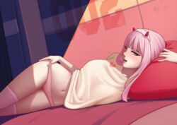  1girls blush blushing_at_viewer clothed darling_in_the_franxx deilan12 female female_focus female_only hand_on_thigh headband horned_headwear laying_on_bed laying_on_side long_socks looking_at_viewer panties pillow pink_hair pulling_panties shirt solo solo_female solo_focus teal_eyes zero_two_(darling_in_the_franxx) 