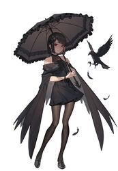  1girls bare_shoulders bird birds black_cloak black_clothing black_hair black_legwear black_skirt cloak clothed clothes clothing crow dark_hair feather feathers female girl goth holding_parasol holding_umbrella image kushima_rei looking_at_viewer looking_to_the_side nonude pale-skinned_female pale_skin pantyhose parasol raven_(bird) red_eyes sfw shoes short_hair short_skirt simple_background skirt solo solo_female transparent_clothing umbrella white_background 