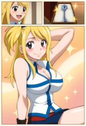  1girls 3_panel_comic ai_generated armpits arms_up belt blonde_hair blush breasts brown_eyes cleavage comic earrings eyelashes fairy_tail hair_ribbon heart_earrings large_breasts long_hair looking_at_viewer lucy_heartfilia one_side_up ribbon skirt sleeveless smile snazzdaz snazzle solo 