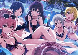  6+girls :3 abe_nana ahoge backlighting bikini black_eyes black_hair blonde_hair blue_eyes blush breasts brown_hair chair cleavage commentary_request cup dark_illuminate_(idolmaster) drinking_glass drinking_straw dutch_angle earrings eyewear_on_head front-tie_top futaba_anzu green_eyes grey_hair grin group_name hair_between_eyes hair_bun halterneck hayami_kanade highres honda_mio hoshi_syoko hurricane_glass ichinose_shiki idolmaster idolmaster_cinderella_girls idolmaster_cinderella_girls_starlight_stage igarashi_kyoko inflatable_raft innertube jewelry jougasaki_mika kamiya_nao kanzaki_ranko katagiri_sanae kawaii_boku_to_142&#039;s_(idolmaster) kawashima_mizuki kohinata_miho koshimizu_sachiko lipps_(idolmaster) lipstick_mark long_hair looking_at_viewer lounge_chair lying medium_breasts miyamoto_frederica moroboshi_kirari multiple_girls navel necklace night night_sky ninomiya_asuka one_eye_closed open_mouth outdoors parasol parted_bangs parted_lips pink_check_school_(idolmaster) polka_dot_innertube pool poolside sato_shin shibuya_rin shimamura_uzuki shiomi_syuko shirasaka_koume short_hair side-tie_bikini_bottom single_hair_bun sitting sky smile sonsoso striped sunglasses swim_ring swimsuit takagaki_kaede takamori_aiko triad_primus_(idolmaster) umbrella unworn_eyewear v wading water wavy_hair yellow_eyes yoi_otome_(idolmaster) 