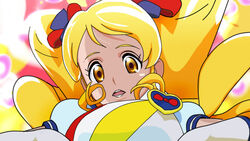  alternate_form bad_id bad_pixiv_id blonde_hair brooch brown_eyes cure_honey cure_honey_(popcorn_cheer) derivative_work female from_below funanaga_nemoro gloves happinesscharge_precure! heart heart_brooch jewelry long_hair magical_girl multicolored_background oomori_yuuko precure solo twintails 