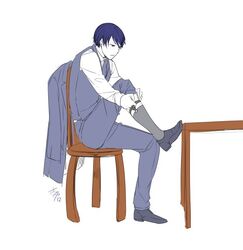  1boy adjusting_clothes adjusting_legwear akutoku_no_judgement_(vocaloid) artist_name blue_eyes blue_hair blue_jacket blue_pants chair commentary_request evillious_nendaiki flat_color gallerian_marlon ichi_ka jacket kaito_(vocaloid) legwear_garter male_focus necktie pants putting_on_shoes shirt signature sleeveless sleeveless_shirt socks solo table vocaloid 