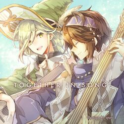  2boys blonde_hair braid brown_hair caro_(granblue_fantasy) closed_eyes commentary_request elta_(granblue_fantasy) granblue_fantasy green_eyes guitar hairband hat instrument long_hair male_focus multiple_boys open_mouth short_hair shuri_yasuyuki smile title 