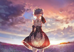  azomo blue_eyes blue_hair blurry blush commentary depth_of_field detached_sleeves female field flower flower_field hair_ornament hair_over_one_eye highres looking_at_viewer maid maid_headdress photoshop_(medium) re:zero_kara_hajimeru_isekai_seikatsu rem_(re:zero) roswaal_mansion_maid_uniform short_hair smile solo tears x_hair_ornament 