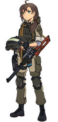  ahoge brown_hair chinese_commentary commentary_request female fingerless_gloves freckles full_body gloves gorka green_eyes gun helmet highres holstered hood hood_down knee_pads military military_uniform ndtwofives original rifle shirt side_ponytail smersh sniper_rifle solo striped_clothes striped_shirt telnyashka uniform unworn_headwear unworn_helmet vss_vintorez weapon white_background 