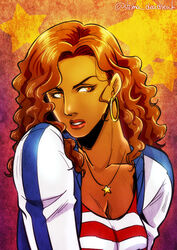  america_chavez animification artist_name breasts brown_hair cleavage commentary_request curly_hair dark-skinned_female dark_skin earrings female jewelry large_breasts long_hair marvel ms._america necklace orange_eyes shima_deadstock solo star_(symbol) teeth upper_body 