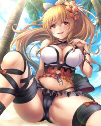  bad_id bad_pixiv_id bare_shoulders blonde_hair blush bow breasts cameltoe female flower granblue_fantasy hair_flower hair_ornament hairbow highres large_breasts long_hair looking_at_viewer mutsuba_fumi official_alternate_costume open_mouth palm_tree ponytail red_eyes smile solo spread_legs swimsuit tree vira_(granblue_fantasy) vira_(summer)_(granblue_fantasy) 