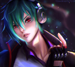  1boy artist_name commentary_request fingerless_gloves gloves green_hair hair_between_eyes headphones jacket male_focus photoshop_(medium) portrait red_eyes shun&#039;ei solo sparkle teeth the_king_of_fighters the_king_of_fighters_xiv toxicface 