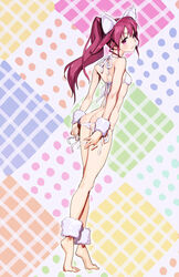  alternate_costume animal_ears ankleband ass atago_hiroe barefoot bikini breasts butt_crack cat_ears fake_animal_ears female from_behind full_body highres long_hair looking_at_viewer looking_back lowleg lowleg_bikini multicolored_background ponytail red_eyes red_hair saki_(manga) side-tie_bikini_bottom small_breasts smile solo standing swimsuit tiptoes white_bikini wristband yaku_yojino 