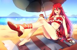  bare_shoulders barefoot beach bikini bikini_skirt blush commentary_request cordelia_(fire_emblem) cordelia_(summer)_(fire_emblem) female fire_emblem fire_emblem_awakening fire_emblem_heroes gloves hair_ornament long_hair looking_at_viewer ocean open_mouth outdoors parasol red_eyes red_hair sandals seashell shell smile solo starfish streyah summer swimsuit thighs towel umbrella 