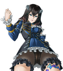  black_hair bloodstained:_ritual_of_the_night blue_eyes breasts brown_hair dress female gauntlets gradient_hair hair_between_eyes horns looking_at_viewer miriam_(bloodstained) panties panties_under_shorts rakusai_(saisai_garou) rakutoki short_hair shorts single_gauntlet solo tattoo upskirt 