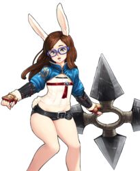  +_+ animal_ears barbariank bare_legs bell blue-framed_eyewear brown_hair buck_teeth bunny_ears bunny_tail elin_(tera) female fingerless_gloves flat_chest fuuma_shuriken glasses gloves groin highres long_hair looking_at_viewer midriff open_mouth short_shorts shorts solo strapless tail tera_online transparent_background tubetop vambraces weapon 