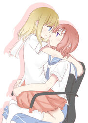  2girls arms_around_neck bad_id bad_pixiv_id blonde_hair blush chair couple eye_contact fud fukuji_mihoko imminent_kiss kazekoshi_school_uniform kiyosumi_school_uniform looking_at_another multiple_girls pink_skirt red_hair saki_(manga) school_uniform serafuku short_hair simple_background sitting sitting_on_lap sitting_on_person skirt takei_hisa white_background yuri 