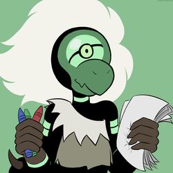  1:1 1_eye alien alien_humanoid animal_humanoid arthropod arthropod_humanoid beak cartoon_network centipeetle corrupted_gem crayon female gem_(species) green_background hair humanoid insect_humanoid insects nephrite_(gem_species) paper simple_background smile solo srghost steven_universe white_hair 