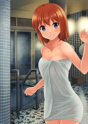  akatsuki_miho akemiho_tabi_nikki bad_id bad_pixiv_id bathhouse blue_eyes blush breasts brown_hair cleavage female gendai_ninjakko_zukan indoors kouno_hikaru looking_at_viewer naked_towel onsen short_hair smile solo standing towel 