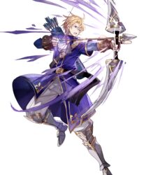  1boy armor armored_boots arrow_(projectile) belt blonde_hair boots bow_(weapon) drawing_bow fingerless_gloves fire_emblem fire_emblem:_the_binding_blade fire_emblem_heroes full_body gloves highres holding holding_arrow holding_bow_(weapon) holding_weapon klein_(fire_emblem) male_focus official_art open_mouth purple_eyes quiver simple_background solo teeth tobi_(kotetsu) transparent_background weapon 