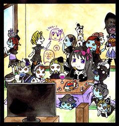  6+girls akemi_homura akuma_homura bird black_hair black_wings blonde_hair blue_hair blue_skin blush brown_hair card clara_dolls_(madoka_magica) colored_skin commentary_request drawing eating feathered_wings food fruit glasses green_eyes grey_hair hair_ribbon hairband hakkyou_seinen_dogura_magura hat kotatsu long_hair lotte_(madoka_magica) luiselotte_(madoka_magica) magical_girl mahou_shoujo_madoka_magica mahou_shoujo_madoka_magica:_hangyaku_no_monogatari multicolored_eyes multiple_girls open_mouth playing_games purple_eyes red_eyes red_hair ribbon ringed_eyes short_hair sitting smile spoilers table television translated window wings 