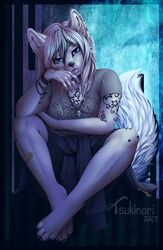  anthro band-aid bandage barefoot canid canine clothed clothing ear_piercing facial_piercing feet female half-closed_eyes hi_res jewelry lip_piercing looking_at_viewer mammal narrowed_eyes necklace piercing sitting solo tattoo tsukinori vindictiivespet 