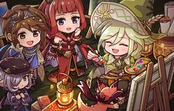  2boys 2girls blonde_hair braid brown_hair canvas_(object) caro_(granblue_fantasy) closed_eyes commentary_request easel elta_(granblue_fantasy) erune granblue_fantasy green_eyes hairband harvin hat long_hair mojuke multiple_boys multiple_girls niyon_(granblue_fantasy) niyon_(violet_anonymity)_(granblue_fantasy) official_alternate_costume open_mouth paintbrush painting_(action) purple_eyes red_hair selfira smile vyrn_(granblue_fantasy) 