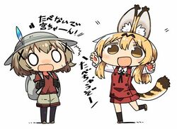  2girls animal_ears backpack bad_id bad_twitter_id bag blank_eyes blonde_hair brown_eyes catchphrase chibi commentary_request cosplay gloves hair_ornament hands_up hat hat_feather helmet hidamari_sketch holding_strap inactive_account kaban_(kemono_friends) kaban_(kemono_friends)_(cosplay) kanikama kemono_friends light_brown_hair long_sleeves lowres miyako_(hidamari_sketch) multiple_girls open_mouth pantyhose pantyhose_under_shorts pith_helmet red_shirt school_uniform serval_(kemono_friends) serval_(kemono_friends)_(cosplay) shadow shirt short_sleeves shorts sidelocks smile surprised sweatdrop t-shirt tail translated x_hair_ornament yuno_(hidamari_sketch) 