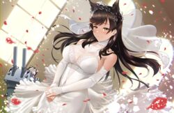  animal_ears atago_(azur_lane) atago_(lily-white_vow)_(azur_lane) azur_lane black_hair blush breasts bridal_veil brown_eyes cannon cleavage commentary_request dress female floating_hair garter_straps glint gloves hair_ribbon jewelry kagiyama_(clave) large_breasts long_hair looking_at_viewer mole mole_under_eye official_alternate_costume ornate_ring petals ribbon ring sidelocks smile solo thighhighs veil wedding_dress wedding_ring white_dress white_ribbon white_thighhighs wind wind_lift 