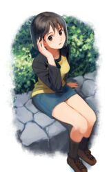  adjusting_hair bad_id bad_pixiv_id black_hair bob_cut brown_eyes commentary denim denim_skirt female full_body hair_between_eyes highres long_sleeves looking_at_viewer nakahara_misaki nashigaya_koyomi nhk_ni_youkoso! open_mouth outdoors raglan_sleeves shoes short_hair sitting sitting_on_wall skirt socks solo stone_wall wall 