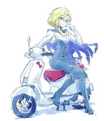  blonde_hair boots breasts cleavage cleavage_cutout clothing_cutout commentary_request earrings female glasses glynda_goodwitch green_eyes high_heel_boots high_heels iesupa jewelry medium_breasts motor_vehicle on_scooter pantyhose rwby scooter sidesaddle solo 