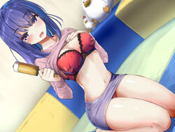  :d barefoot blue_eyes blue_hair blurry blush bra breasts cleavage clothes_lift collarbone commentary_request depth_of_field dutch_angle female hand_on_own_chest hands_up highres holding indoors lace lace-trimmed_bra lace_trim long_hair long_sleeves looking_at_viewer medium_breasts miniskirt nail_polish navel open_mouth original paint_roller panties pencil_skirt photoshop_(medium) pink_shirt purple_skirt red_bra red_nails red_panties seiza shirt shirt_lift sitting skirt smile solo stomach stuffed_chicken tenrai thighs underwear 