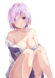  artist_name bare_shoulders blush breasts cherim cleavage collarbone commentary eyes_visible_through_hair fate/grand_order fate_(series) female hair_over_one_eye highres light_purple_hair looking_at_viewer mash_kyrielight medium_breasts open_mouth purple_eyes short_hair simple_background sitting solo white_background 