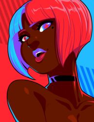  bare_shoulders blue_eyes blue_hair bob_cut breasts choker cleavage commentary dark-skinned_female dark_skin english_commentary female jmanvelez lips lipstick makeup mole mole_under_eye multicolored_eyes multicolored_hair neon_palette nintendo_switch original parted_lips pink_eyes pink_hair portrait short_hair small_breasts solo split-color_hair two-tone_hair very_dark_skin 