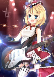  alternate_costume asymmetrical_legwear bare_arms black_gloves blonde_hair blue_background blue_eyes blush bow cafe_maid_(love_live!) commentary_request cosplay cowboy_shot dress electric_guitar eyebrows female fender_stratocaster frills glint gloves guitar hat holding idol instrument jacknavy legs_together lens_flare looking_at_viewer love_live! love_live!_school_idol_festival love_live!_school_idol_project mini_hat mismatched_legwear multicolored_background music oerba_yun_fang open_mouth photoshop_(medium) playing_instrument red_background red_bow red_ribbon ribbon short_hair sleeveless solo stage_lights standing teeth thighhighs warship_girls_r z16_friedrich_eckoldt_(warship_girls_r) 