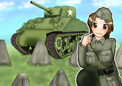  breasts brown_eyes brown_hair caterpillar_tracks cloud commentary_request day dragonteeth female grass kanchuumimai long_hair m4_sherman military military_uniform military_vehicle motor_vehicle original same_hiroshi sky tank uniform 