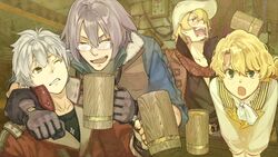  4boys :o alcohol arm_around_neck atelier_(series) atelier_escha_&amp;_logy awin_sidelet beer beer_mug blonde_hair blush clenched_teeth closed_eyes collarbone collared_shirt cup drunk facial_hair game_cg glasses gloves goatee grey_hair hair_over_one_eye hat hidari_(left_side) holding holding_cup hug indoors logix_ficsario looking_at_viewer micie_sun_mussemburg mug multiple_boys official_art one_eye_closed open_mouth parted_lips reyfer_luckberry rimless_eyewear shirt teeth white_hair wood yellow_eyes 