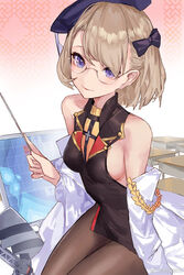  azur_lane bare_shoulders black_dress bow breasts brown_hair brown_pantyhose commentary_request cowboy_shot dress female glasses hairbow hat highres looking_at_viewer messikid off_shoulder official_alternate_costume pantyhose purple_eyes second-party_source short_dress short_hair sideboob sitting small_breasts smile solo z23_(azur_lane) z23_(philosophy_sensei)_(azur_lane) 