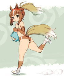  animal_ears ass breasts bridle brown_eyes brown_hair brown_sports_bra bucket buruma chestnut_thoroughbred_(kemono_friends) commentary_request covered_nipples detached_sleeves female horse_ears horse_girl horse_tail japan_racing_association kemono_friends logo long_hair looking_at_viewer medium_breasts multicolored_hair ponytail running ryoji_(nomura_ryouji) single_vertical_stripe smile solo sports_bikini sports_bra sportswear tail white_hair 