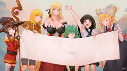  6+girls absurdres armpit_peek bare_shoulders black_hair black_thighhighs blonde_hair blush breasts brown_eyes brown_hat chitanda_eru cleavage closed_eyes closed_mouth commentary facing_viewer green_eyes green_hair hat highres holding holding_staff horns hyouka justin_leyva_(steamy_tomato) kiss-shot_acerola-orion_heart-under-blade kobayashi-san_chi_no_maidragon kono_subarashii_sekai_ni_shukufuku_wo! large_breasts looking_at_viewer maid_headdress megumin midorikawa_hana monogatari_(series) multiple_girls one-punch_man open_mouth orange_hair oshino_shinobu parted_lips photoshop_(medium) prison_school purple_eyes red_eyes short_hair smile staff tatsumaki teeth template thighhighs tohru_(maidragon) twintails yellow_eyes 