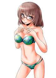  bang_dream! bikini blush breasts brown_eyes brown_hair collarbone commentary_request cowboy_shot female fue_(fuef) glasses green_bikini hands_on_own_chest looking_at_viewer medium_breasts navel open_mouth red-framed_eyewear semi-rimless_eyewear short_hair simple_background solo standing strapless strapless_bikini swimsuit under-rim_eyewear white_background yamato_maya 