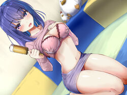  :d barefoot blue_eyes blue_hair blurry blush bra breasts cleavage clothes_lift collarbone commentary_request depth_of_field dutch_angle female hand_on_own_chest hands_up highres holding indoors lace lace-trimmed_bra lace_trim long_hair long_sleeves looking_at_viewer medium_breasts miniskirt nail_polish navel open_mouth original paint_roller panties pencil_skirt photoshop_(medium) pink_bra pink_shirt purple_skirt red_nails red_panties seiza shirt shirt_lift sitting skirt smile solo stomach stuffed_chicken tenrai thighs underwear 