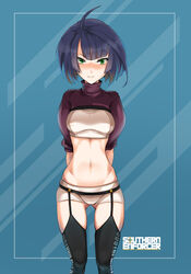  ahoge ass_visible_through_thighs black_hair breasts commentary english_commentary female garter_belt green_eyes highres indy_k looking_at_viewer medium_breasts midriff original short_hair short_shorts shorts smile solo spandex standing thigh_gap thighhighs turtleneck 