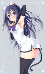  animal_ears arm_up armpits ass black_gloves black_thighhighs blue_eyes blue_hair blush breasts bridal_gauntlets cat_ears cat_tail commentary_request dress elbow_gloves female gloves gokukoku_no_brynhildr kazuma_(kazumav) kuroha_neko leaning_forward long_hair looking_at_viewer medium_breasts open_mouth sailor_dress short_dress solo tail thighhighs 