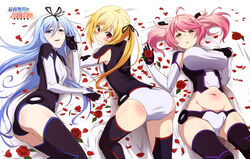  3girls :| absurdres ahoge annoyed arched_back ass bed_sheet black_legwear blonde_hair blue_eyes blue_hair blush body_blush breast_press breasts character_name clenched_hand closed_mouth copyright_name cowboy_shot crop_top crossed_arms embarrassed flower from_above from_behind from_side gloves hair_between_eyes hair_ribbon hair_spread_out hairband half-closed_eyes hand_on_breast highres hip_focus holding krulcifer_einfolk kurosawa_keiko large_breasts legs_apart leotard lisesharte_atismata logo long_hair looking_back lying midriff multiple_girls navel official_art on_back on_bed on_side on_stomach parted_lips petals philuffy_aingram pilot_suit pink_hair red_eyes red_flower red_rose ribbon rose saijaku_muhai_no_bahamut scan short_shorts short_twintails shorts side_ponytail small_breasts smile swept_bangs taut_clothes thighhighs top-down_bottom-up twintails v-shaped_eyebrows very_long_hair wavy_mouth yellow_eyes 