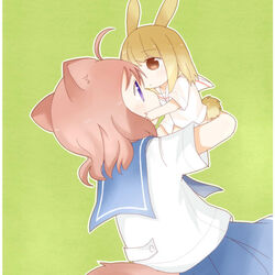  2girls animal_ears bad_id bad_pixiv_id blonde_hair blue_skirt blush couple fox fox_ears fox_tail fud fukuji_mihoko heterochromia kazekoshi_school_uniform kemonomimi_mode kiyosumi_school_uniform multiple_girls photoshop_(medium) rabbit_ears rabbit_tail red_hair saki_(manga) school_uniform serafuku short_hair skirt tail takei_hisa yuri 