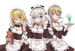  3girls 9a-91_(girls&#039;_frontline) ahoge ak-74u_(girls&#039;_frontline) alternate_costume apron as_val_(girls&#039;_frontline) blonde_hair blue_eyes blush breasts brown_dress commentary corset cowboy_shot dress frills girls&#039;_frontline glasses grey_hair hair_between_eyes hair_ornament hairclip highres holding holding_tray ivan_wang locked_arms long_hair long_sleeves looking_at_viewer maid maid_headdress medium_breasts multiple_girls open_mouth photoshop_(medium) ponytail red-framed_eyewear short_hair sidelocks smile star_(symbol) star_hair_ornament stuffed_animal stuffed_toy teddy_bear tray very_long_hair 