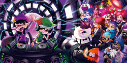  +_+ 4boys 6+girls album_cover aqua_hair arm_up armor backwards_hat bandana baseball_cap beanie beard black_hair blue_hair blunt_bangs brown_eyes callie_(splatoon) cap&#039;n_cuttlefish cha_kuro_(limo) closed_eyes colored_sclera commentary cover dark-skinned_male dark_skin dj_octavio facial_hair fangs feline glasses goggles goggles_on_head green_sclera grey_hair hat helmet hood hoodie inkling inkling_boy inkling_girl inkling_player_character japanese_armor judd_(splatoon) kabuto_(helmet) layered_clothes marie_(splatoon) mask multiple_boys multiple_girls octarian_(enemy) octoball octobomber octoling octoling_player_character octopus octotrooper peaked_cap pink_eyes pointy_ears ponytail purple_eyes purple_hair red_hair shirt sidelocks sideways_hat signature smile splatoon_(series) splatoon_1 squid squidbeak_splatoon t-shirt takozonesu tentacle_hair turntable vest yellow_eyes 